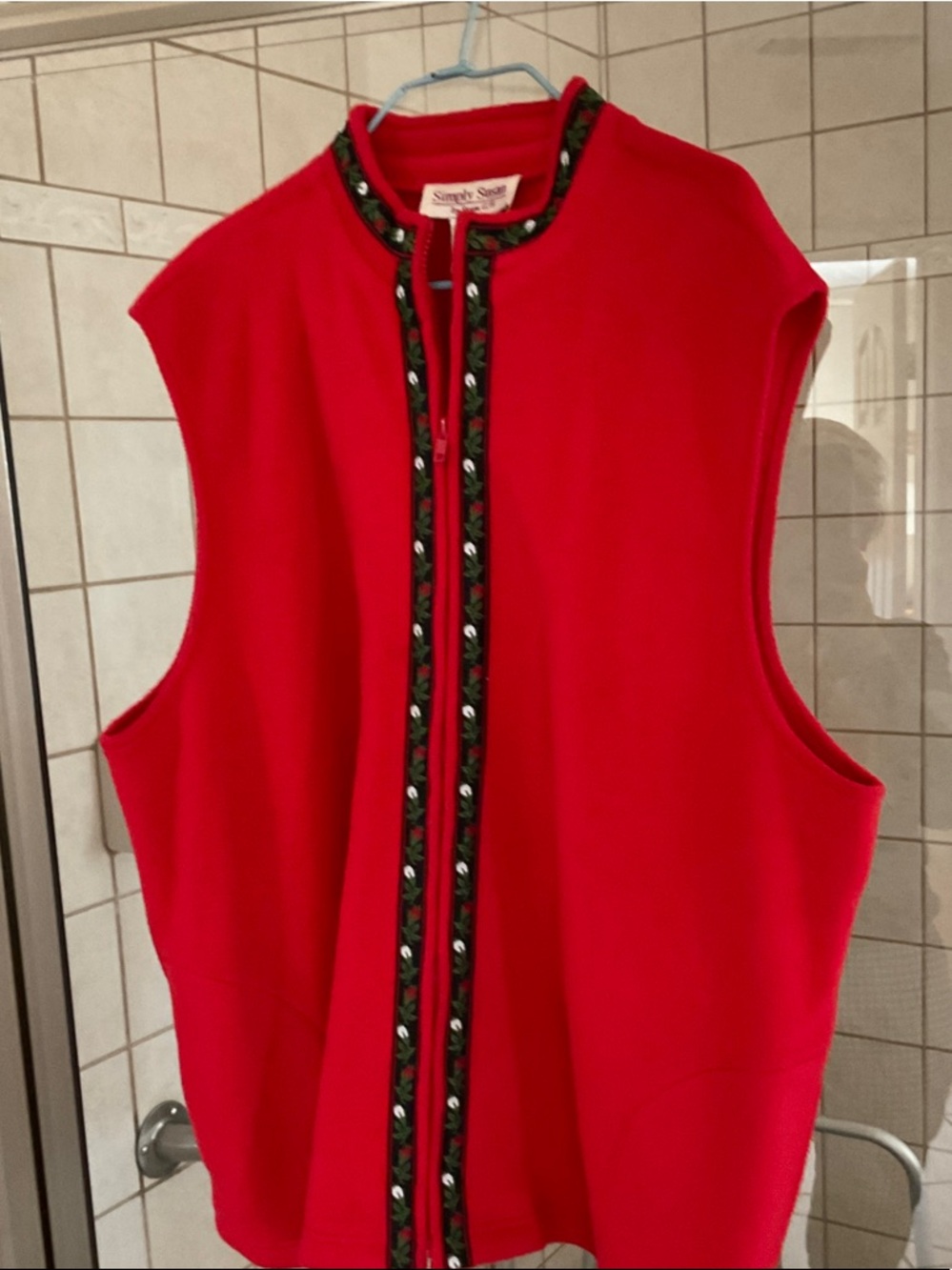Susan Graver Bright Red Sleeveless Embroidered-Trim Vest